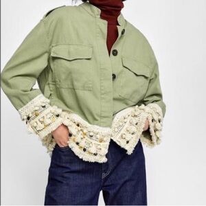 ZARA Boho Jacket Button Front Tassel Pom-Pom Embroidered Green Size Small